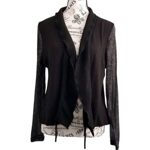 🇨🇦 Black Cardigan Ruched Open Front And Sheer Grey Sleeves Size Large